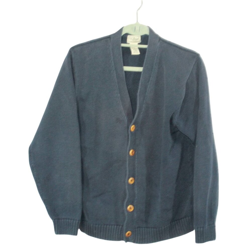 L.L. Bean Mens Navy Cotton Button-Up Cardigan Sweater Size L Retro Naturecore